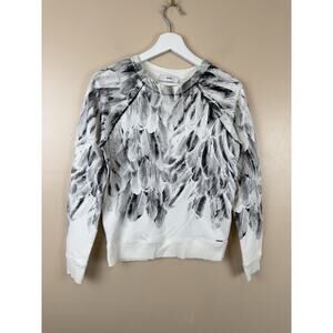 DIESEL Women's XS White Sweatshirt Black Feather Graphic Print Pullover